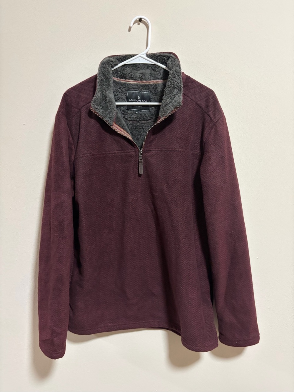 London Fog Men's Zip-Neck Fleece Pullover - Maroon with Gray Liner
